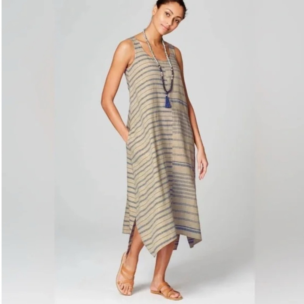 Striped Sleeveless Midi Dress in Beige and Blue